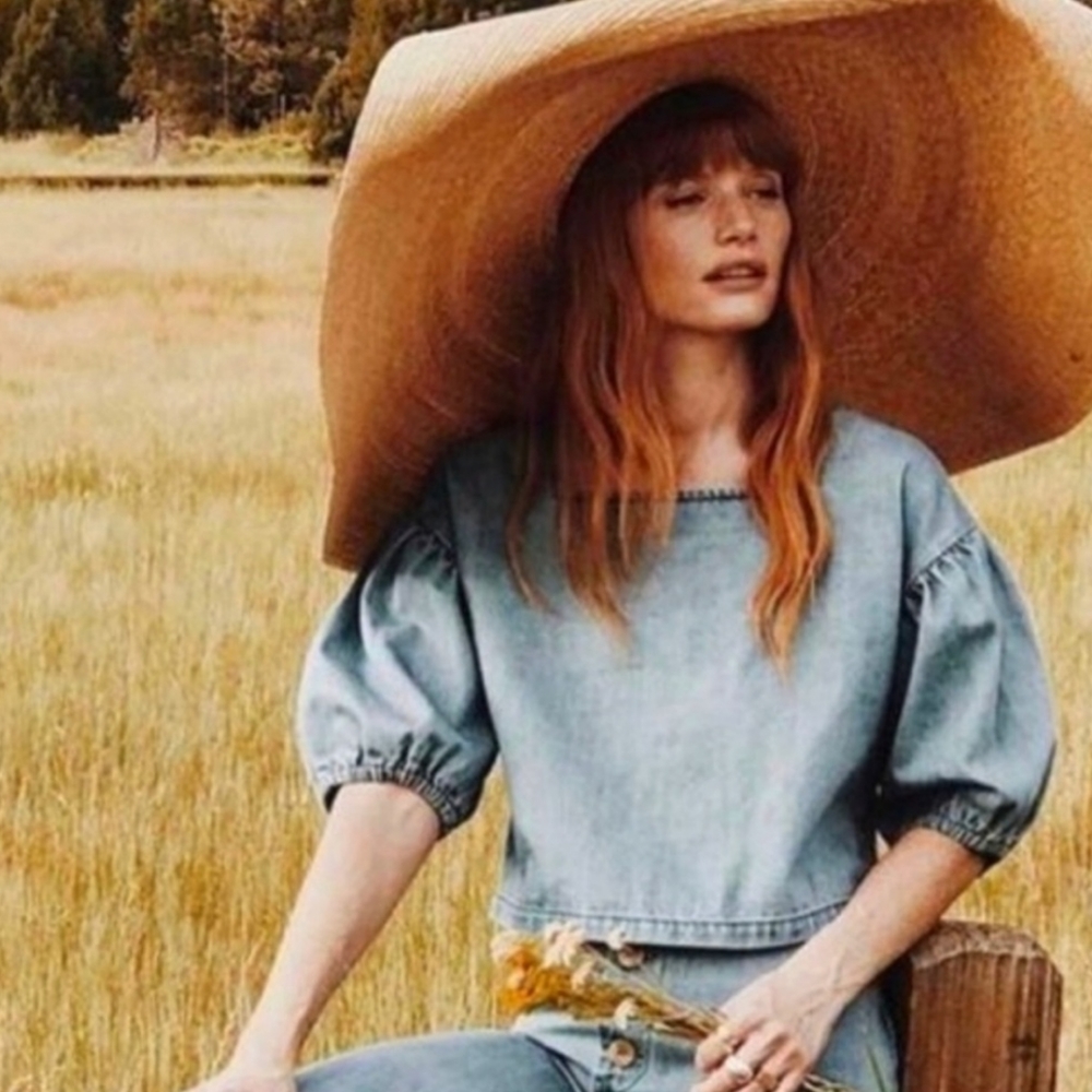 Anthropologie the Odells Denim Puff Sleeve Cropped Top - Picture 12 of 16